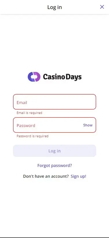 registration at casino days mobile app