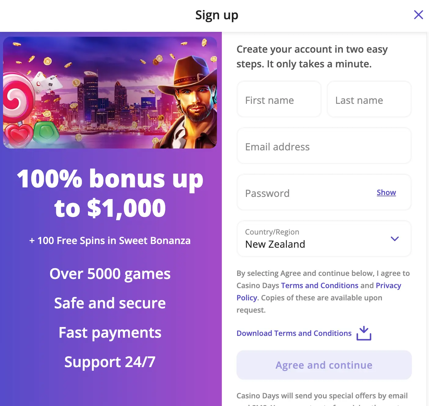 Registration form at casino days